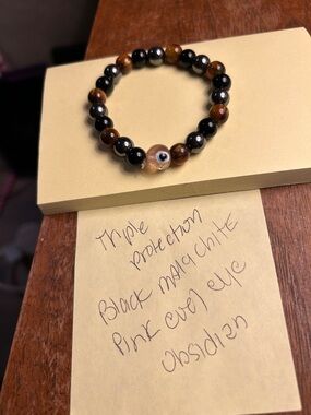 Triple Protection Beaded Bracelet — Black and Brown with Pink Eye Accent